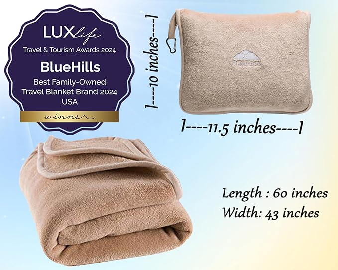 BlueHills Premium Soft Travel Blanket Pillows 2 Pack Airplane Warm - Beige | 2-Pack Travel Blanket Pillows Airplane, Luggage Strap, Carabiner, Flight Throw, Large Traveling Essentials, Warm Travel Gifts - Image 5