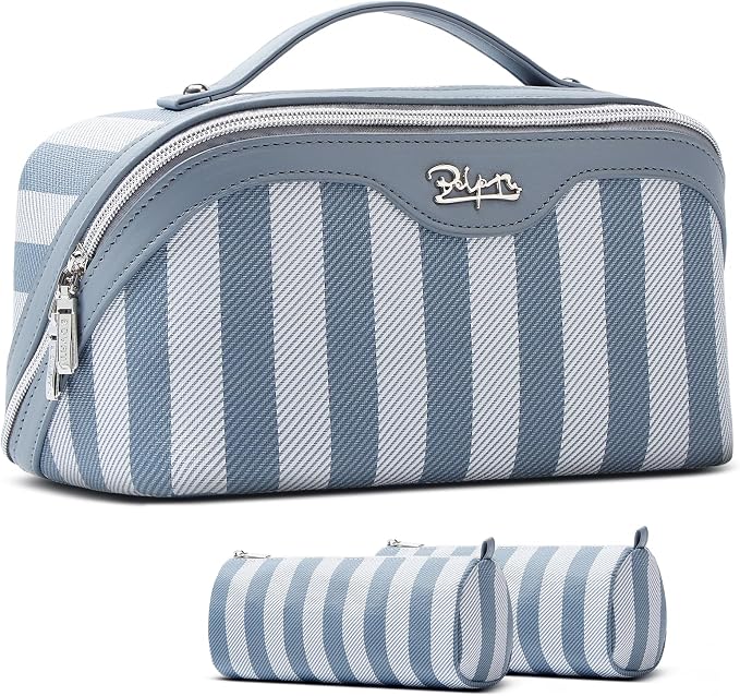 BOYATU Travel Makeup Bag Cosmetic Bag for Women: 3 Pcs Set Striped Make up Bag with Compartments - Waterproof Vegan Leather Toiletry Bags with Handle - Makeup Organizer for Travel Essentials(A-1-Blue) by BOYATU