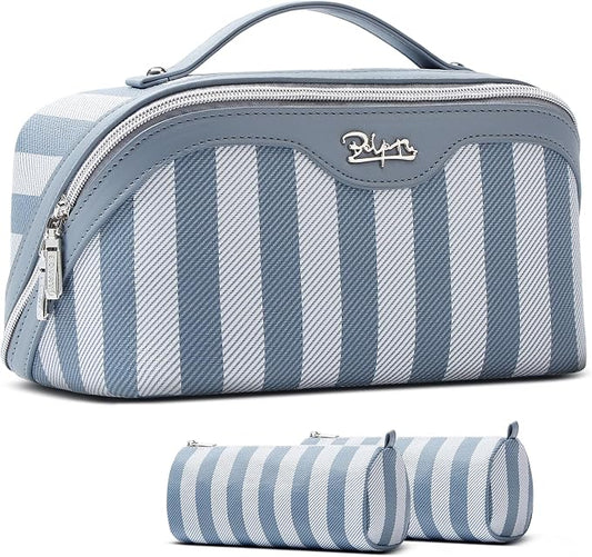 BOYATU Travel Makeup Bag Cosmetic Bag for Women: 3 Pcs Set Striped Make up Bag with Compartments - Waterproof Vegan Leather Toiletry Bags with Handle - Makeup Organizer for Travel Essentials(A-1-Blue) by BOYATU