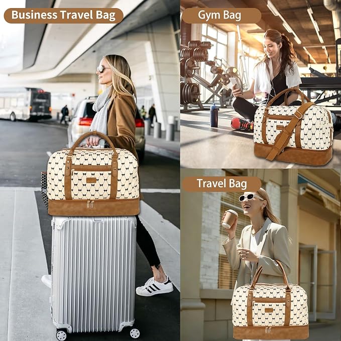 Wogarl 3PCS Weekender Bags for Women Large Overnight Bag Weekend Travel Duffel Bag Carry on Shoulder with Shoe Compartment Canvas Toiletry Bag for Travel Business Gym,Cream Bow - Image 6