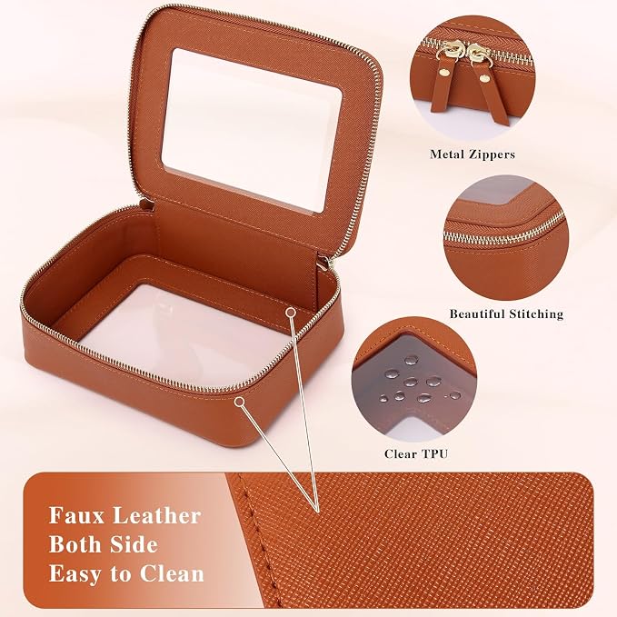 Clear Makeup Bag Women's Waterproof Travel Cosmetic Case and Toiletry Bag Portable Makeup Organizer Bag for Car with Zipper (Brown, M) - Image 4