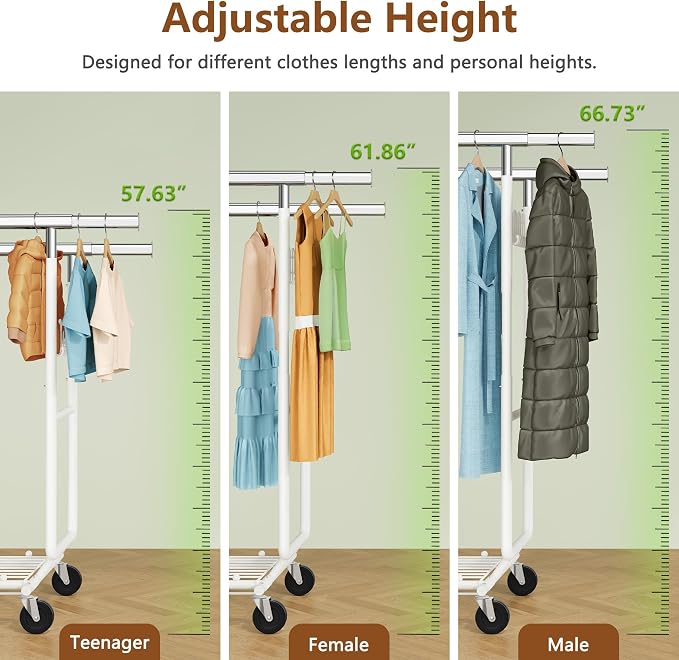 Hoctieon 2-Minute Assembly Double Rod Clothes Rack, Heavy Duty Rolling Clothing Racks with Wheels, Foldable Commercial Garment Rack, Extendable Hanging Bar, Adjustable Metal Pole with Hooks, White - Image 7