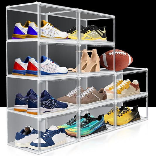1 Pack Clear Plastic Shoe Boxes, Stackable Magnetic Door, Fit Size 12.5 | 14.2 x 10.6 x 8.1 in clear plastic boxes for daily sneakers, casual shoes and closet storage by EDSFAM