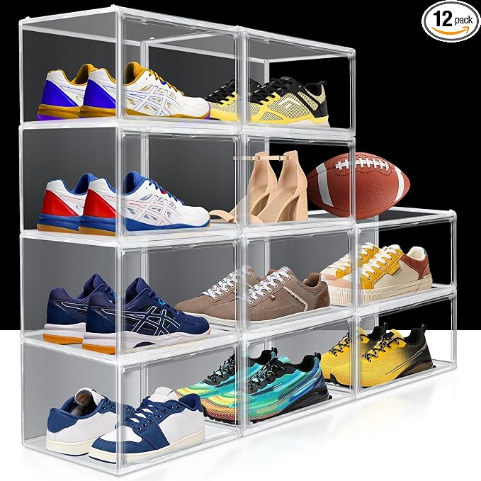 12 Pack Clear Plastic Shoe Boxes, Stackable Magnetic Door, Fit Size 12.5 | 14.2 x 10.6 x 8.1 in clear plastic boxes for daily sneakers, casual shoes and closet storage by EDSFAM
