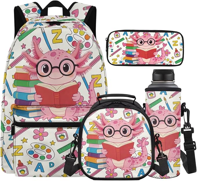 4Pcs Learning Axolotl Backpacks for School Girls Book Cute Backpack and Lunch Box Set Elementary Preschool Kids School Bag with Lunch Box Pencil Case Water Bottle Holder 8-12 by Unknown