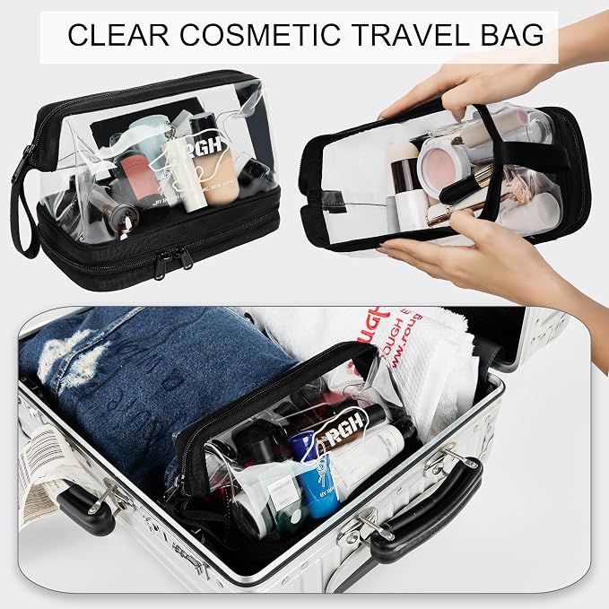 Rough Enough Clear Cosmetic Bag for Women and Men, Leakproof Travel Makeup Organizer, with Detachable Brush Pouch, Large Opening, 6.5”x5”x8.5” - Image 3