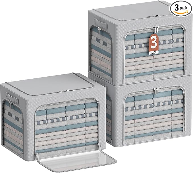 3Pack Clothes Storage Bins - Oxford Frame Storage Box Foldable Stackable Storage Organizer with 3 Openings Design, Metal Frame, Clear Window, Carry Handles (Grey, 100L-23.6 * 16.5 * 15.7in) by CYhom