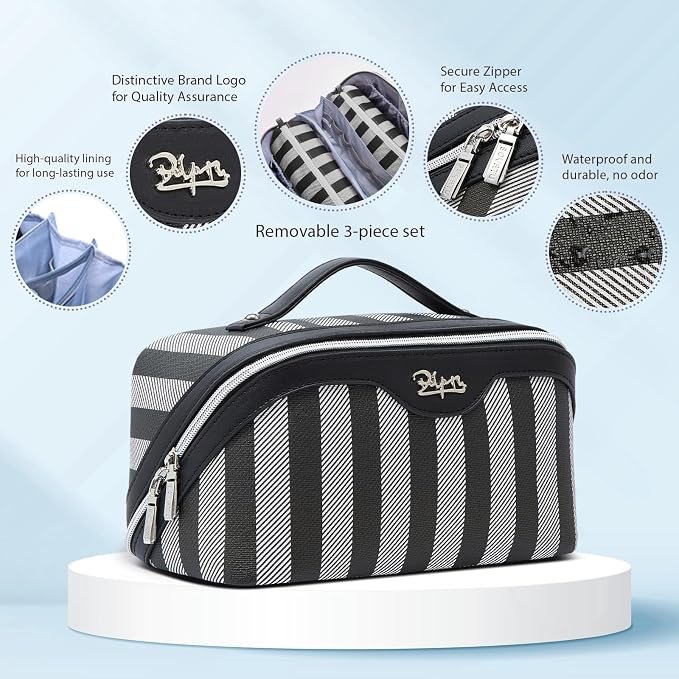 BOYATU Travel Makeup Bag Cosmetic Bag for Women: 3 Pcs Set Striped Make up Bag with Compartments - Waterproof Vegan Leather Toiletry Bag with Handle - Makeup Organizer for Travel Essentials(A-4-Black) - Image 3