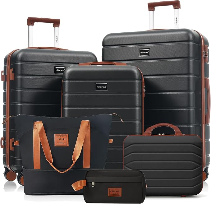 Hardshell Luggage Sets, Lightweight Stripes Suitcases with Spinner Wheels, Black 6pcs by Merax