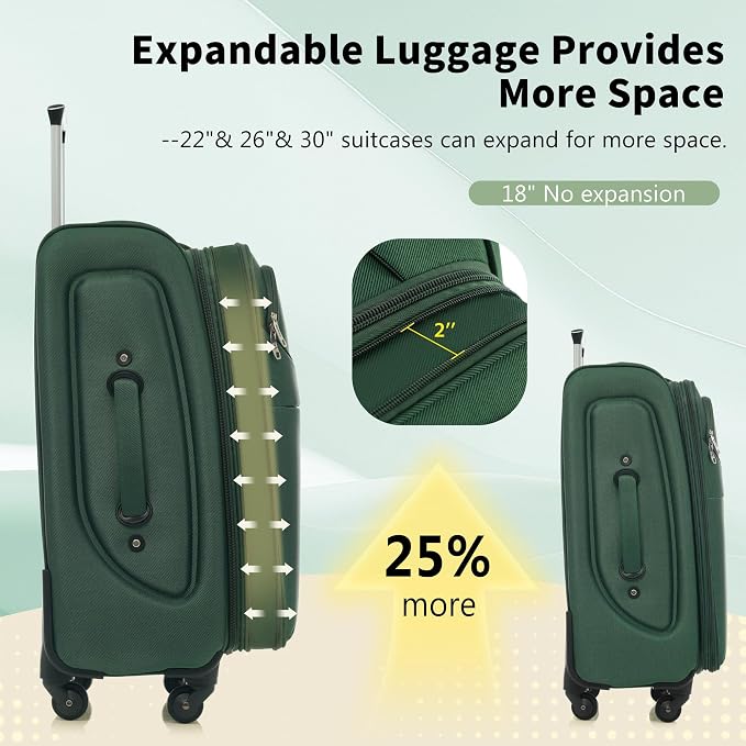 Merax Softside Luggage Set 4 Piece,18/22/26/30 Expand Suitcase,Dark Green | Lightweight Travel Suitcase with Wheels, Luggage with TSA Lock, Suitcase,Carry On Checked Luggage Set - Image 4
