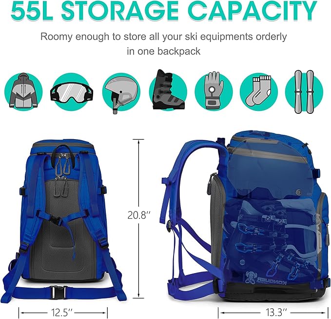 Ski Boot Bag, 55L/70L Waterproof Ski and Snowboard Boots Travel Backpack for Skis, Snowboard, Ski Helmet, Goggles, Gloves & Accessories - Image 2
