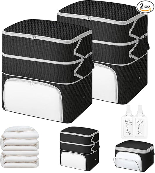 Comforter Storage Bag - 130L Blanket Storage Bags Front-opening Ultra Space Saving Self Compression Organizer, Washable Compression Bags for Storage Comforter Blanket, 2 Pack, Black by EasortmPackingCubes