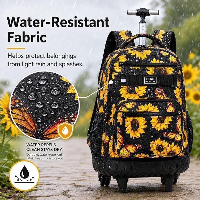 3Pcs Rolling Backpack for Girls, 19 Women Inche Roller Bag with Wheels, Sunflower Wheeled Bookbag Set for Adults(Yellow) - Image 3