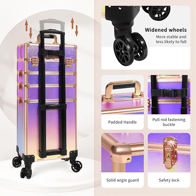 Rolling Makeup Train Case with Lid Cosmetology Case on Wheels | 5 in 1 Large Cosmetic Trolley Organizer Travel for Hairstylist Artist Nail Beauty Salon Barber Cart Trunk, Colorful - Image 5