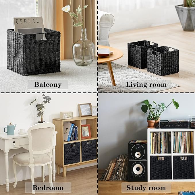 Vagusicc Storage Basket, Set of 2 Hand-Woven Storage Baskets for Organizing with Handles, Foldable Cube Storage Baskets Bins Organizer, 13 inch Large Wicker Baskets for Shelves & Decor, Black - Image 6