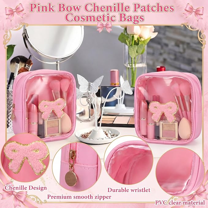 12 Pcs Pink Bow Makeup Bags, Bulk Coquette Cosmetic Bag with Zipper for Women, PVC Pink Bow Clear Makeup Bags, Travel Zipper Pouch for Bridal Shower Birthday Bachelorette for Team Stuff - Image 3