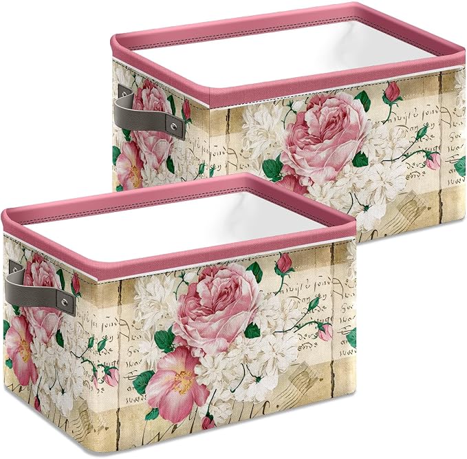 Vintage Rose Floral Foldable Baskets Storage Bins with Handles, Decorative Cloth Organizer Storage Boxes 2 sets - Image 4