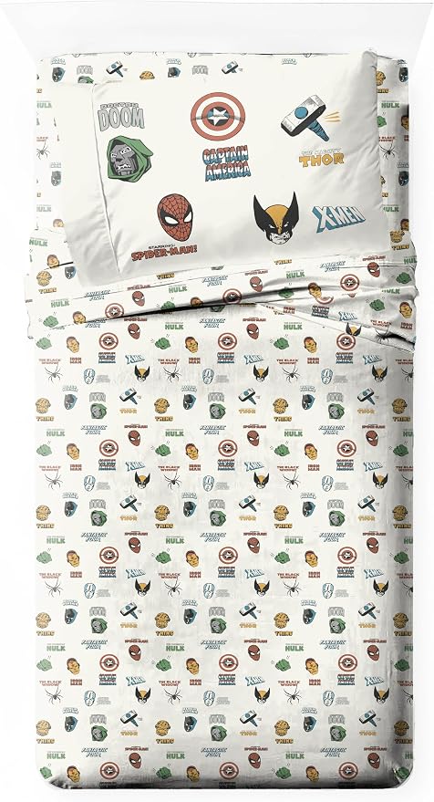 Jay Franco Kids Sheet Set with Fitted, Flat Sheets & Pillow Cover - Ultra-Soft Bedding with Pillowcase for Room Decor, White - Marvel Comics, 3 Piece Twin by JayFranco
