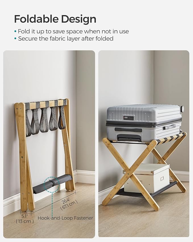 SONGMICS Luggage Rack, Bamboo Luggage Rack for Guest Room, Folding Suitcase Stand, for Hotel, Bedroom, Heavy-Duty, Holds up to 131 lb, Natural Beige URLR007N01 - Image 7