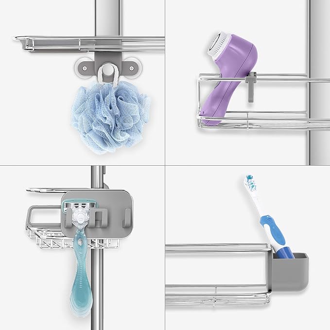 simplehuman X-Large Adjustable Hanging Shower Caddy, Handheld Showerhead Compatible, Family-Size Bathroom Organizer with 12-Inch Extended Neck, Adjustable Shelves, Rust-Proof Stainless Steel - Image 7