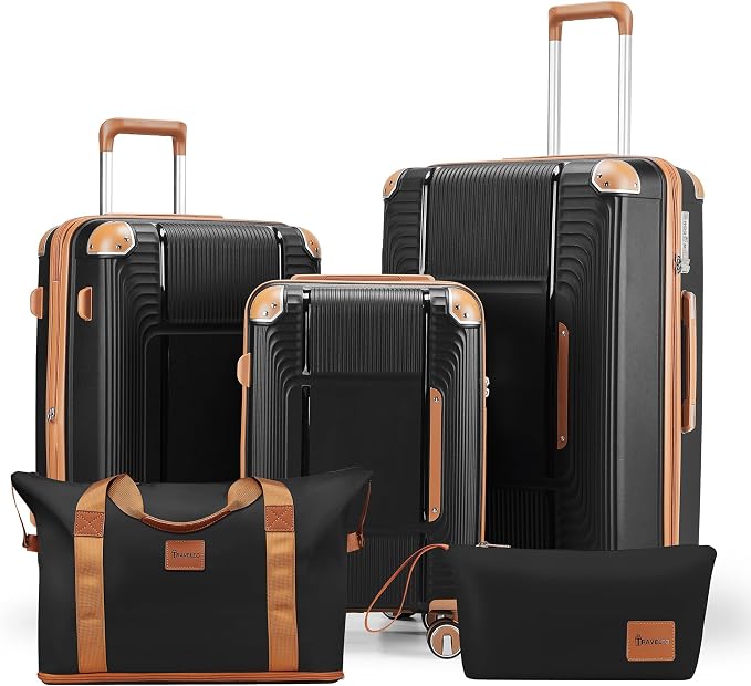 5 Piece Luggage Sets PP Hardshell with Duffel & Toiletry Bag, Carry-on Suitcase Set (20/24/28) with Detachable Spinner Wheels, YKK Zippers & Corner Guards, Lightweight TSA Lock (Black) by Unknown