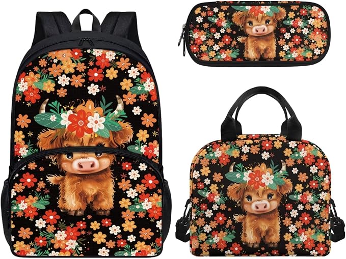 Kids Cute Floral Highland Cow Backpack Set, Lightweight School Backpack for Kids Elementary Bookbag for Students with Adjustable Strap, 3pcs with Lunch Box And Pencil Case by CndexdWearfunPrintjoy