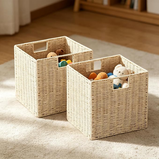 Vagusicc Wicker Storage Basket, Set of 2 Hand-Woven Paper Rope Wicker Baskets, Foldable Cube Storage Bins, Beige Storage Basket, Square Baskets for Organizing Shelves & Decor, Beige(13″×13″×13″) - Image 3