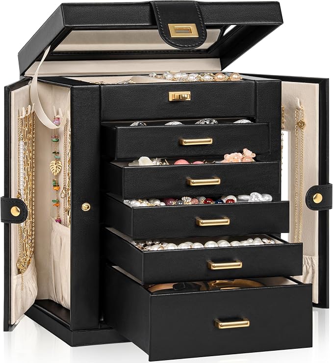 AKOZLIN 6-Tier Jewelry Box Organizer Functional 5 Drawers Leather Jewelry Storage Case for Women Girls Ring Necklace Earring Bracelet Holder Organizer with Mirror Black 360° Rotating by AKOZLIN