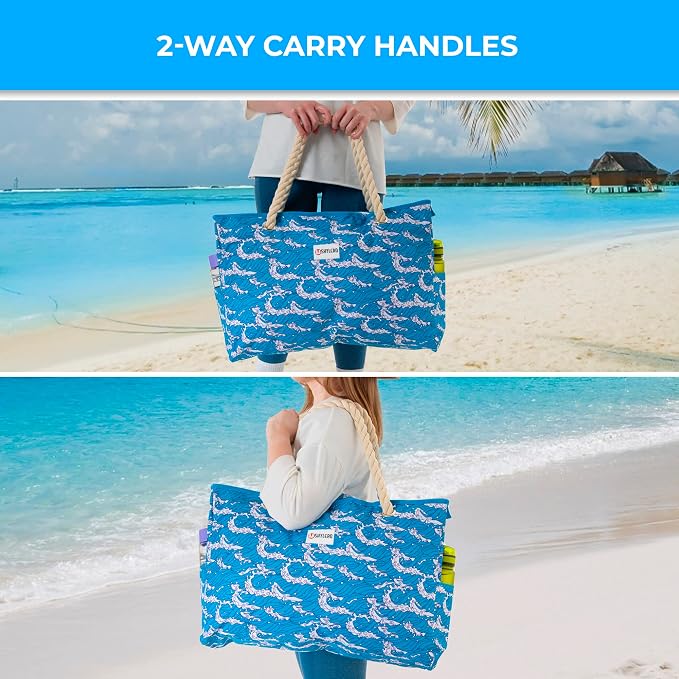 Beach Bag and Pool Bag Has Cooler Pocket, 7 Pockets Total, Zip Top. Family Size Waterproof Beach Tote - Image 7