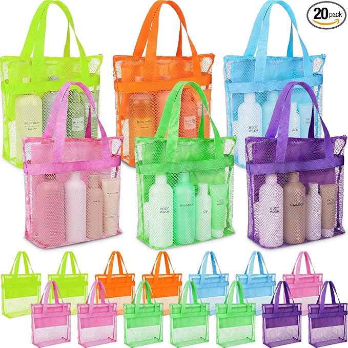 20 Pcs Mesh Beach Bags Bulk Portable Mesh Shower Caddy Bags with Zipper & 2 Pockets Hanging Toiletry and Bath Organizer for Beach Gym Camp Swimming Travel College Dorms (Fluorescent Color) by Yeyeplum