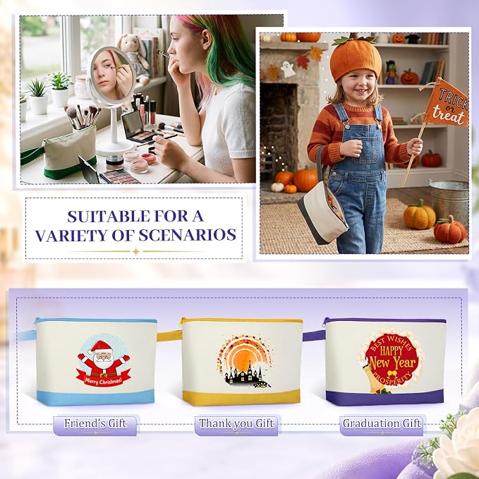 Silkfly 48 Pcs Cotton Canvas Makeup Bags Cosmetic Zipper Bags 10.2 x 5.5 x 2'' Blank DIY Pouch Bulk Pencil Case with Bottom Travel Toiletry Pouch for Women Craft Decor Gift (Beige and Multi Colors) - Image 7