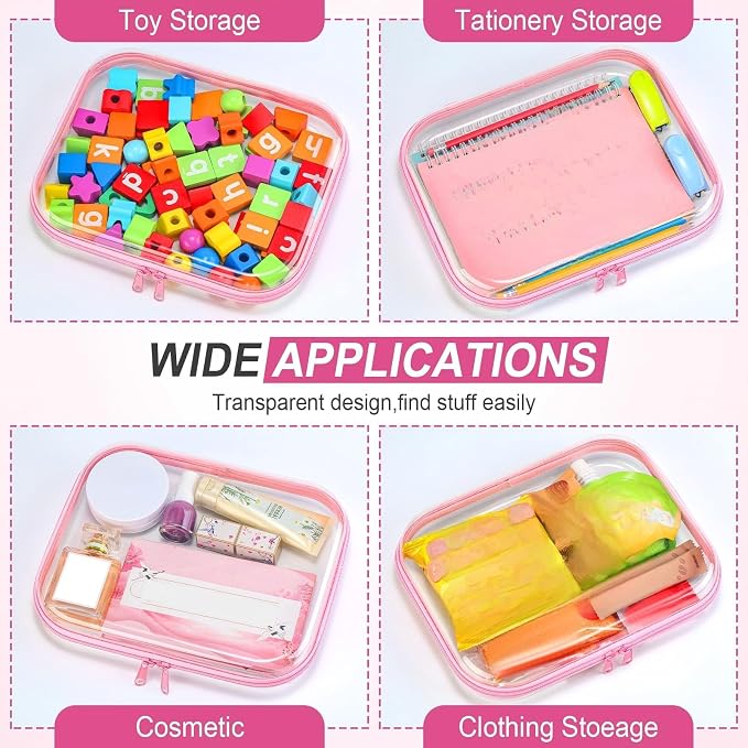 Sanwuta 6 Pcs Clear Hard Zipper Case Plastic Zipper Pouches Transparent Makeup Bag Pencil Case Pouches Toiletry Diaper Bag for Travel Toy Storage Organizer Bins(Pink,9.84 x 7.87 x 2 Inch) - Image 7