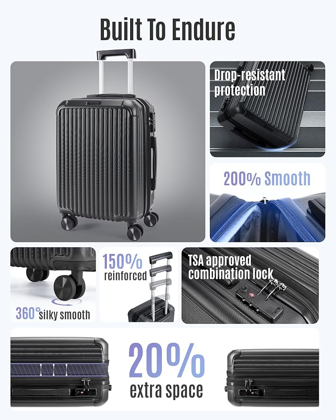 LIGHT FLIGHT Carry On Luggage 22x14x9 Airline Approved, Black | 22x14x9 Airline Approved, Hard Shell with Wheels, Expandable Hardside, TSA Lock, Lightweight - Image 2
