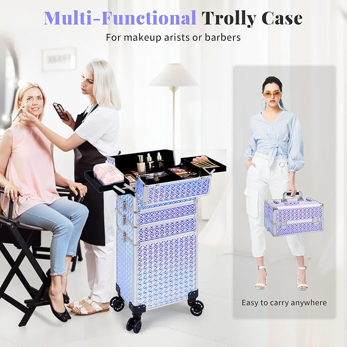 AROUS 5 in 1 Rolling Makeup Train Case with Lid Cosmetology Case on Wheels | Large Cosmetic Trolley Organizer with Keys Salon Barber Case Traveling Cart Trunk for Artist Hairstylists Nail Tech, Silver - Image 5
