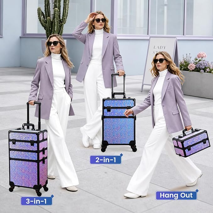 FRENESSA 3 in 1 Rolling Makeup Train Case Professional Cosmetic Trolley Large Storage with Keys Swivel Wheels Salon Barber Case Traveling Cart Trunk for Make Up Hairstylists Nail Tech, Shiny Purple - Image 5