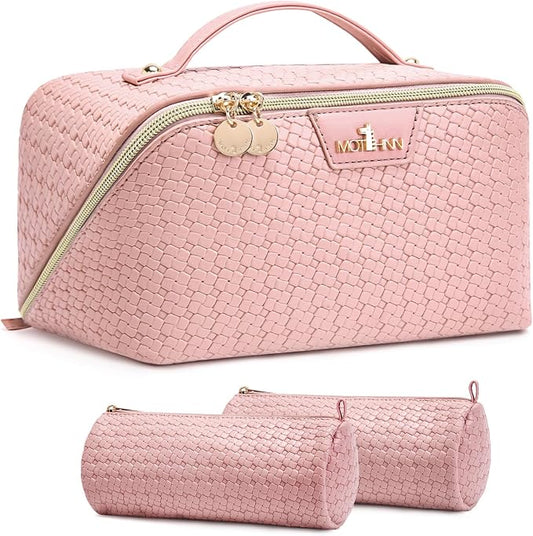 Travel Makeup Bag for Women: 3 Pcs Set Cosmetic Bags for Women - Large Capacity Vagen Leather Hand-made for Toiletry Organizer - Waterproof Ladies Travel Flat Open Essentials for Luxury (01Pink) by Unknown
