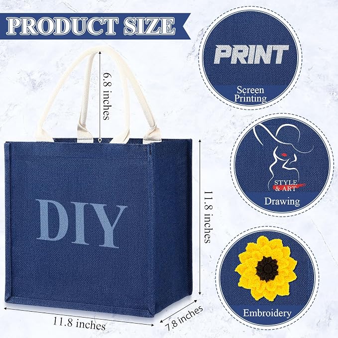 Saintrygo 12 Pcs Burlap Jute Tote Bags with Handle Reusable Blank Bridesmaid Gift Bags for Shopping Wedding DIY, 12x12x7.7In (Navy Blue) - Image 2