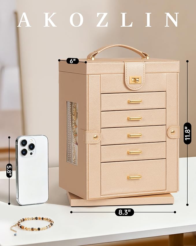 AKOZLIN 6-Tier Jewelry Box Organizer Functional 5 Drawers Leather Jewelry Storage Case for Women Girls Ring Necklace Earring Bracelet Holder Organizer with Mirror Champagne S-Medium - Image 6