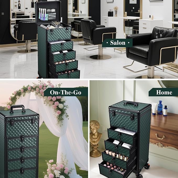 Yueieoun Nail Salon Cart with 4 Drawers,Rolling Makeup Train Case for Beauty,Cosmetology Case on Wheels Trolley Cart,Lockable Organizer Travel Case for Manicure/Face Painting/Hairstylist,DARK GREEN - Image 7