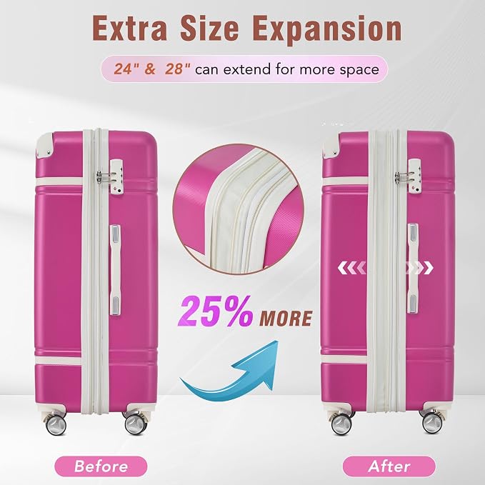 Merax Luggage Set,24 IN Hardside Suitcase with Duffel Bags,3 Piece Expandable Luggage with Spinner Wheels, Vintage Luggage with TSA Lock Lightweight,(Pink) - Image 4