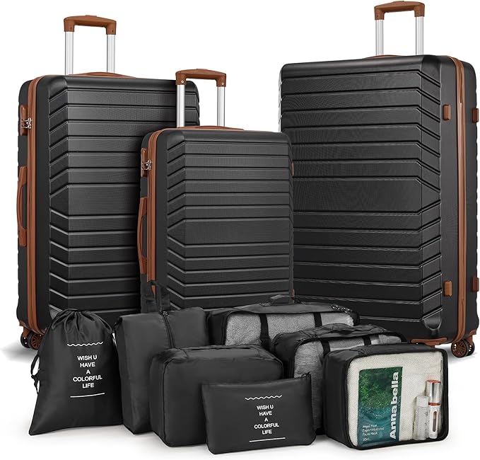 10 Piece Luggage Sets, 3 Piece Suitcase Set, 20 inch Carry on Luggage, 24 inch and 28 inch Checked Luggage with 7PC Packing Bags by Suitour