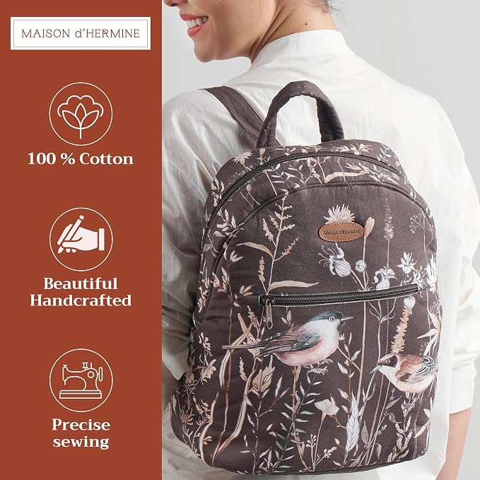 Maison d' Hermine Backpack for Women Men Cotton Shoulder Multipurpose Rucksack with Small Pouch Lightweight Multi Pocket Bag for Travel Work Perfect for Spring Summer (Meadow Florals - Brown) - Image 2