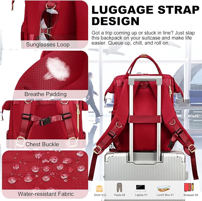 AIJIEKE Lunch Backpack for Women, 15.6 Laptop Backpack, Lunch Box, Red | Water resistant computer bag with insulated leakproof cooler. Travel meal prep backpack for nurse, teacher, college commute - Image 4