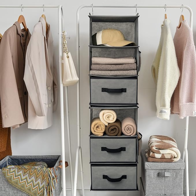 GRANNY SAYS 6-Shelf Hanging Closet Organizer, Separable to 2 Pack 3-Shelf, Closet Organization and Storage with 3 Different Drawers, 4 Side Pockets Wardrobe Clothes Organizer, Gray, 1-Pack - Image 7