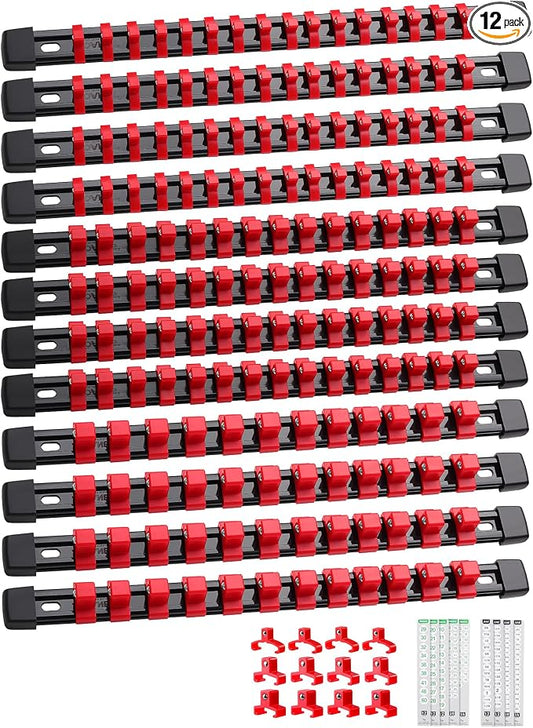 ALOANES 12PC Socket Organizer, Socket Rails Fit 1/2", 1/4" and 3/8" Drive | Heavy Duty ABS Socket Holders Hold up 172 Sockets for Toolbox Drawer Bags(Red) by Aloanes