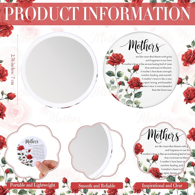 Kacctyen 20 Sets Mother's Day Gifts Bulk for Women Mom Makeup Bag Red Rose Inspirational Compact Mirror Cosmetic Bag with Zipper and Handle Pocket Mirror Toiletry Pouch for Women Mom Birthday Gift - Image 3