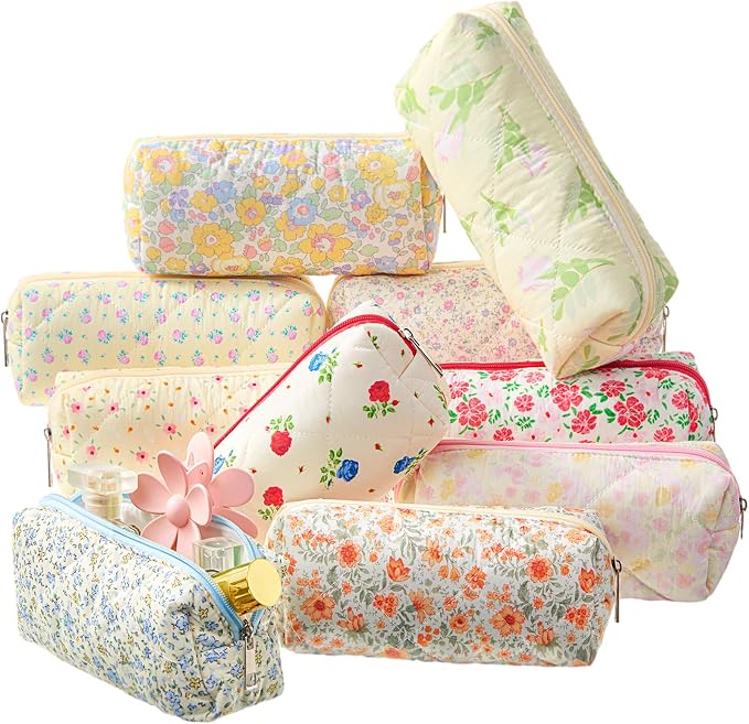 Paterr 10 Pcs Quilted Makeup Bag Bulk Cotton Floral Cosmetic Bag Women Girls Bridesmaid Gifts Cute Makeup Pouch Coquette Aesthetic Travel Toiletry Organizer(Rustic Floral,7.48 x 2.36 x 3.15 Inches) by Paterr