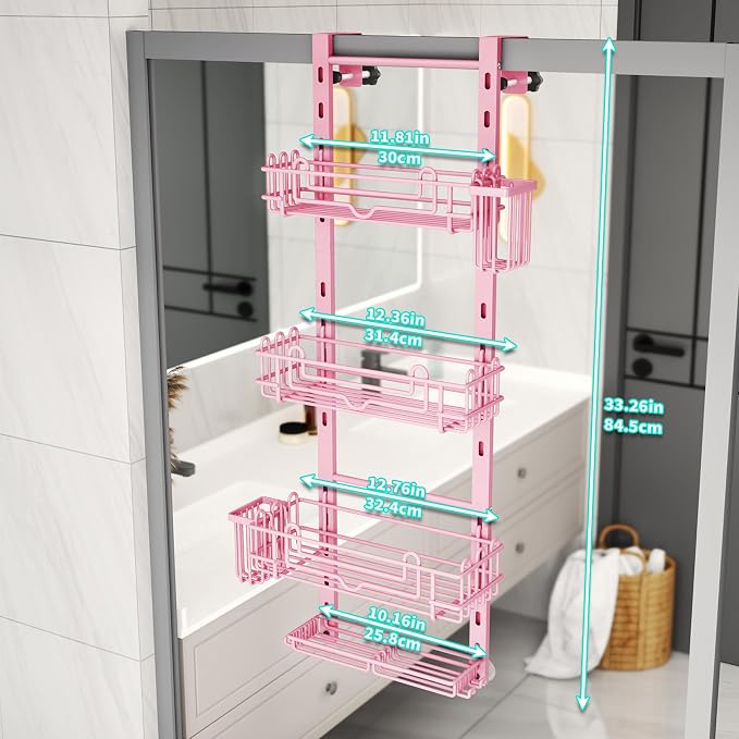 HapiRm Hanging Shower Caddy Organizer - Shower Shelf with 22 Hooks and 2 Toothbrush Holders, No Drilling Adjustable Hanging Bathroom Organizer - Pink - Image 5