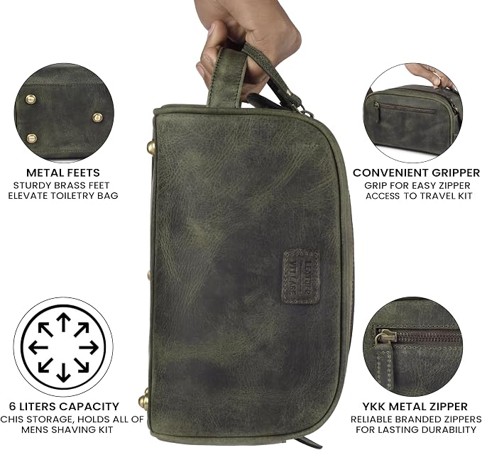 LEATHER VILLAGE Genuine Leather Toiletry Travel Pouch With Waterproof Lining - Olive | King-Size Handcrafted Vintage Dopp Kit Bag, Shaving & Bathroom Organizer, Gift for Men & Women - Image 3