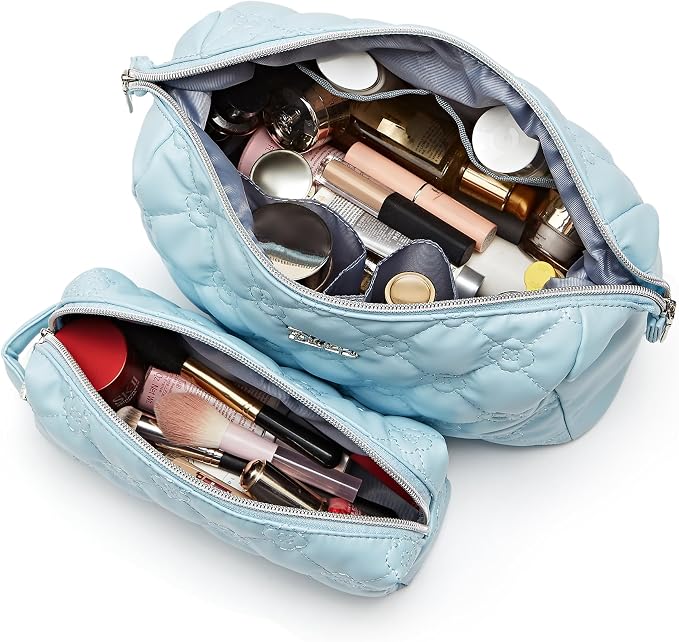 BOYATU Travel Makeup Bag Cosmetic Pouch: 2 Pcs Set Waterproof Vegan Leather Cosmetic Bags for Women - Cute Quilted Skincare Make up Toiletry Bag for Girl (04-Blue) - Image 4